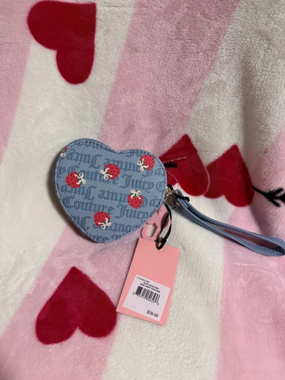 NWT Juicy Couture Dusty Blue and Red Berry Sweet Coin Purse